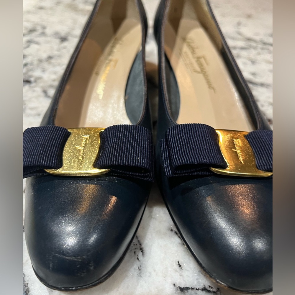 Navy Blue Salvatore Ferragamo Leather Pumps - Picture 7 of 11